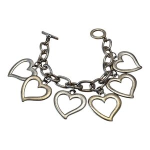 Vintage 6 Open Heart Charm Chunky Chain Heavy Toggle Bracelet